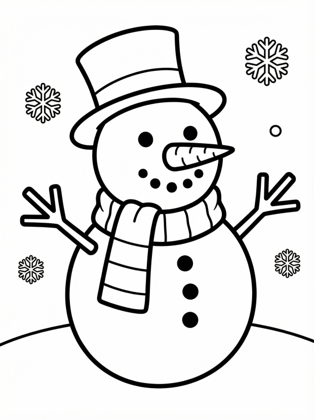 Free printable coloring page showing a snowman with scarf and top hat, perfect for kids to practice coloring and creativity