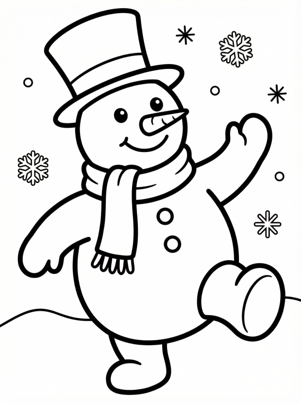 Free printable coloring page showing a dancing snowman with hat and scarf, perfect for kids to practice creativity and fine motor skills