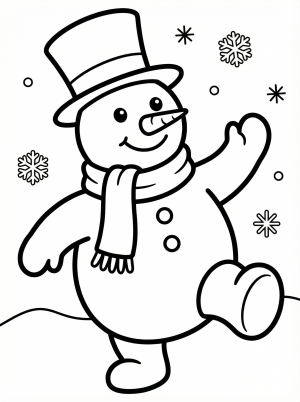 Free printable coloring page showing a dancing snowman with hat and scarf, perfect for kids to practice creativity and fine motor skills