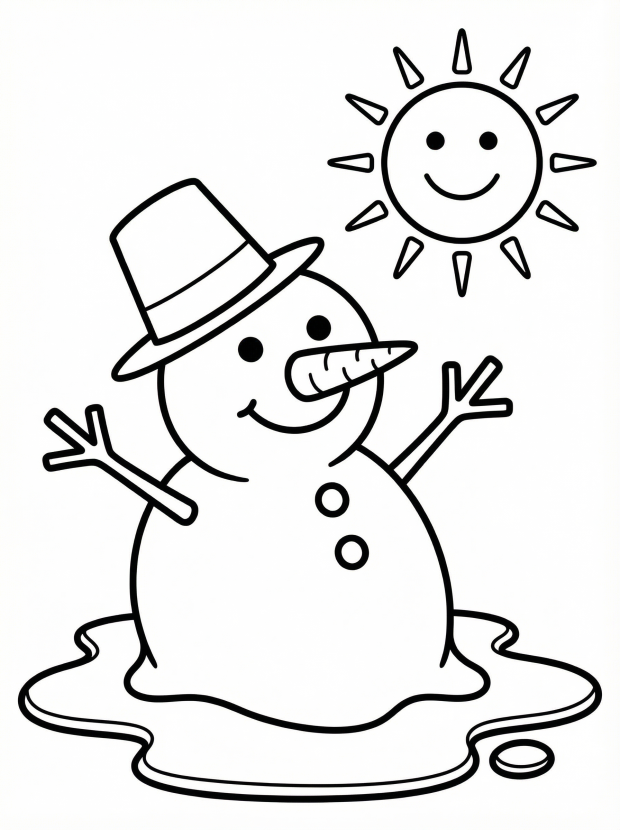 Free printable coloring page showing a melting snowman with sun and puddle, perfect for kids to practice creativity and fine motor skills