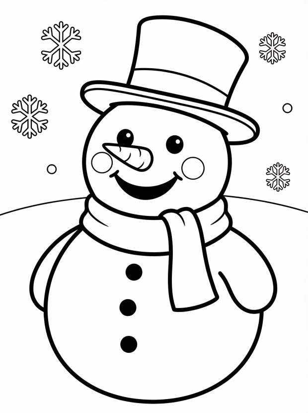 Free printable coloring page showing a smiling snowman with a hat and scarf, perfect for kids to practice coloring and have seasonal fun