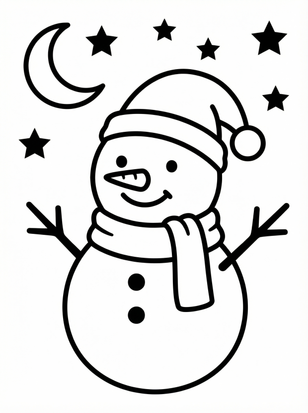 Free printable coloring page showing a smiling snowman under a moon and stars, perfect for kids to practice coloring and creativity