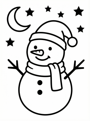 Free printable coloring page showing a smiling snowman under a moon and stars, perfect for kids to practice coloring and creativity