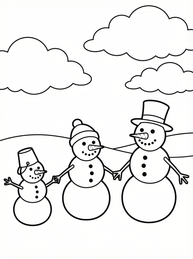 Free printable coloring page showing a snowman family holding hands in a snowy scene, perfect for kids to practice fine motor skills and creativity