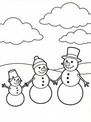 Free printable coloring page showing a snowman family holding hands in a snowy scene, perfect for kids to practice fine motor skills and creativity