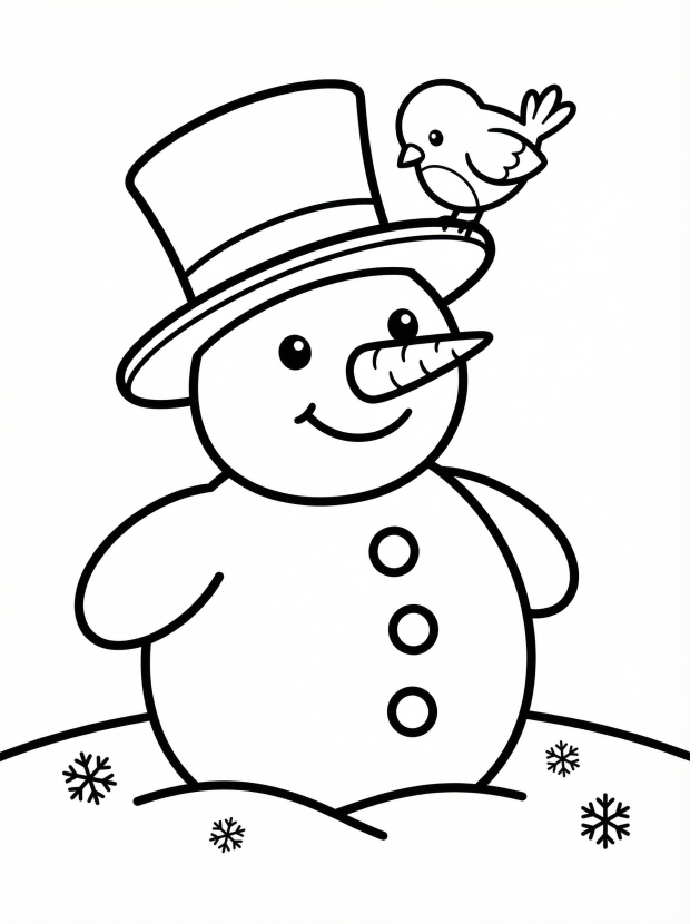Free printable coloring page showing a smiling snowman with a bird on its hat, perfect for kids to practice coloring and creativity