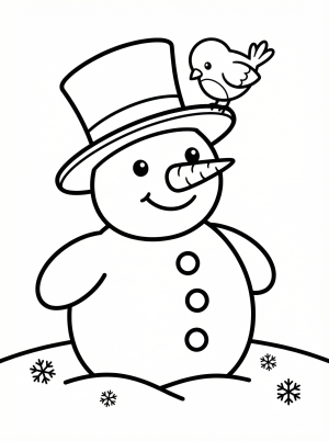 Free printable coloring page showing a smiling snowman with a bird on its hat, perfect for kids to practice coloring and creativity