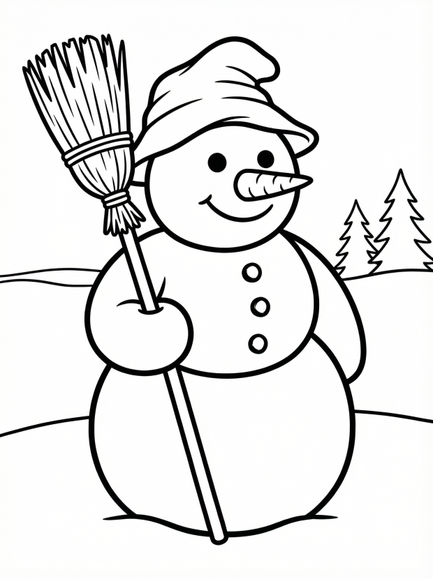 Free printable coloring page showing a snowman holding a broom, perfect for kids to practice fine motor skills and creativity