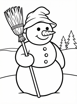 Free printable coloring page showing a snowman holding a broom, perfect for kids to practice fine motor skills and creativity