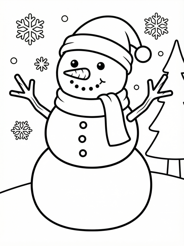 Free printable coloring page showing a cheerful snowman with carrot arms and a hat, perfect for kids to practice coloring and fine motor skills