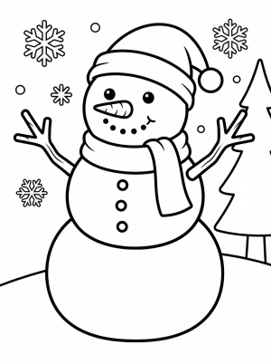 Free printable coloring page showing a cheerful snowman with carrot arms and a hat, perfect for kids to practice coloring and fine motor skills