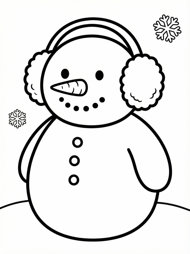 Free printable coloring page showing a snowman wearing earmuffs and buttons, perfect for kids to practice fine motor skills and creativity