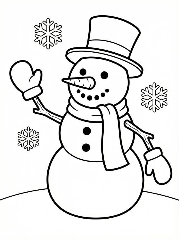 Free printable coloring page showing a snowman with mittens and a top hat, perfect for kids to practice coloring and boost creativity
