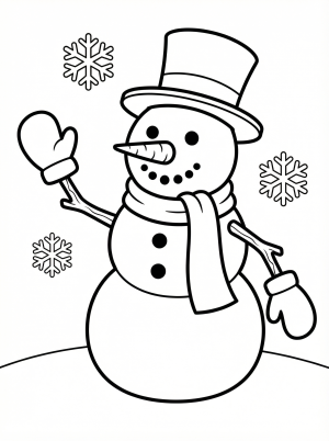 Free printable coloring page showing a snowman with mittens and a top hat, perfect for kids to practice coloring and boost creativity