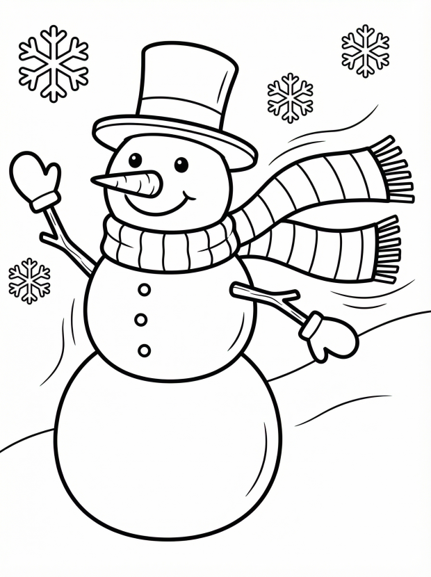 Free printable coloring page showing a snowman with a scarf and hat, perfect for kids to practice coloring and learn about winter clothing