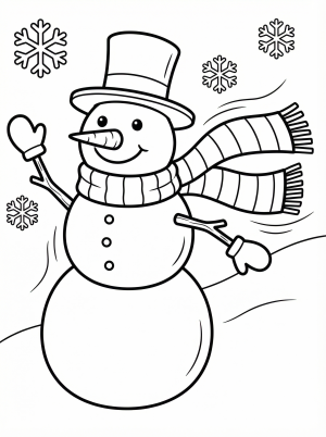 Free printable coloring page showing a snowman with a scarf and hat, perfect for kids to practice coloring and learn about winter clothing