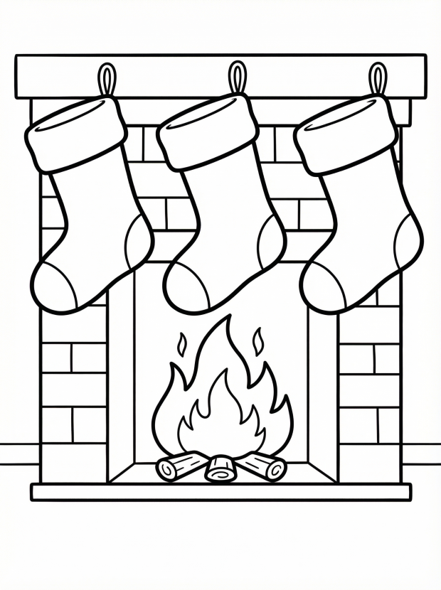 Free printable coloring page showing three stockings hanging above a fireplace, perfect for kids to practice coloring and creativity