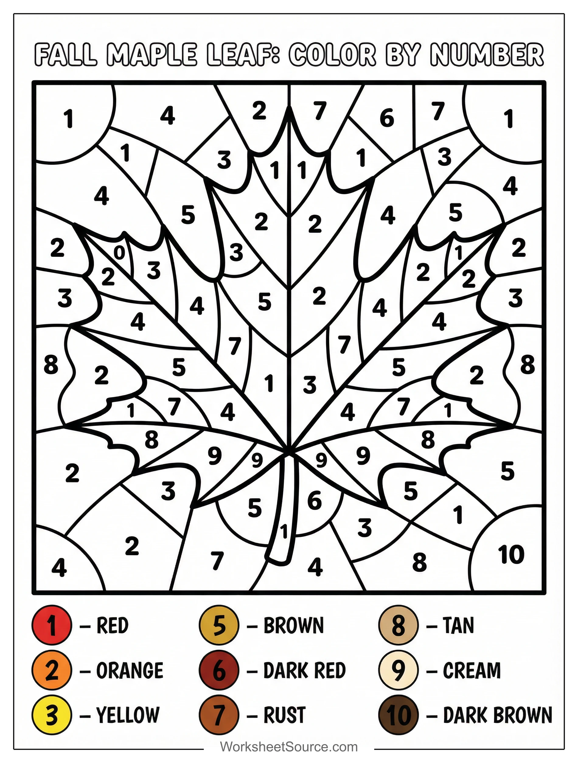 A detailed maple leaf coloring page with distinct numbered sections for children to color using a palette of vibrant fall colors, enhancing number and color recognition skills.