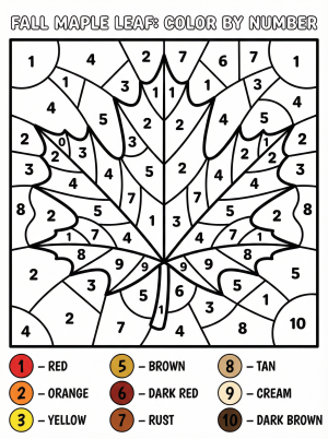 A detailed maple leaf coloring page with distinct numbered sections for children to color using a palette of vibrant fall colors, enhancing number and color recognition skills.
