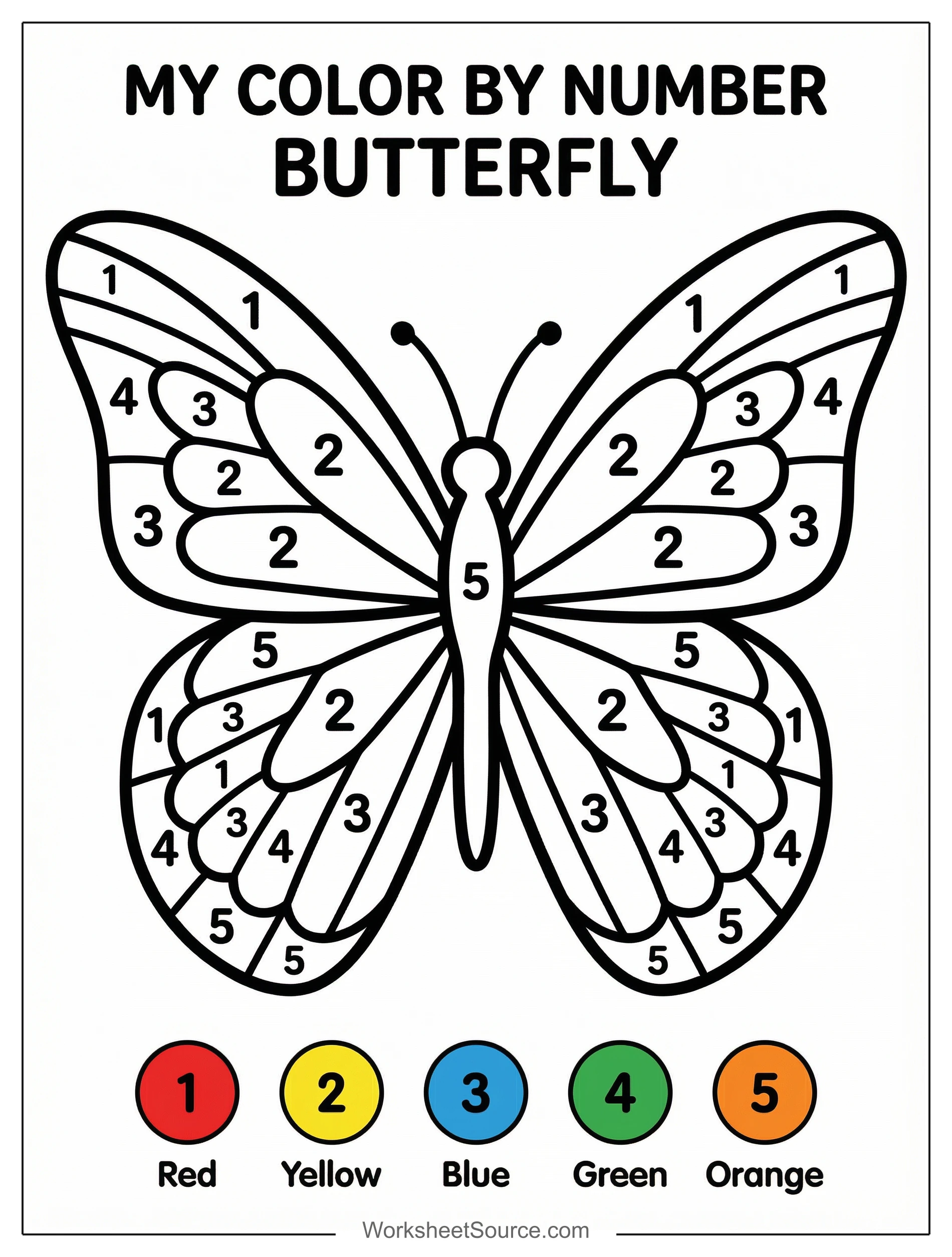 Intricate symmetrical butterfly color by number featuring detailed wing patterns with clearly visible numbers. Ready to print, perfect for developing fine motor skills and number recognition.
