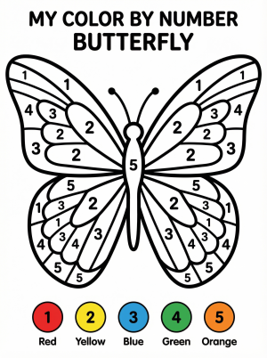 Intricate symmetrical butterfly color by number featuring detailed wing patterns with clearly visible numbers. Ready to print, perfect for developing fine motor skills and number recognition.