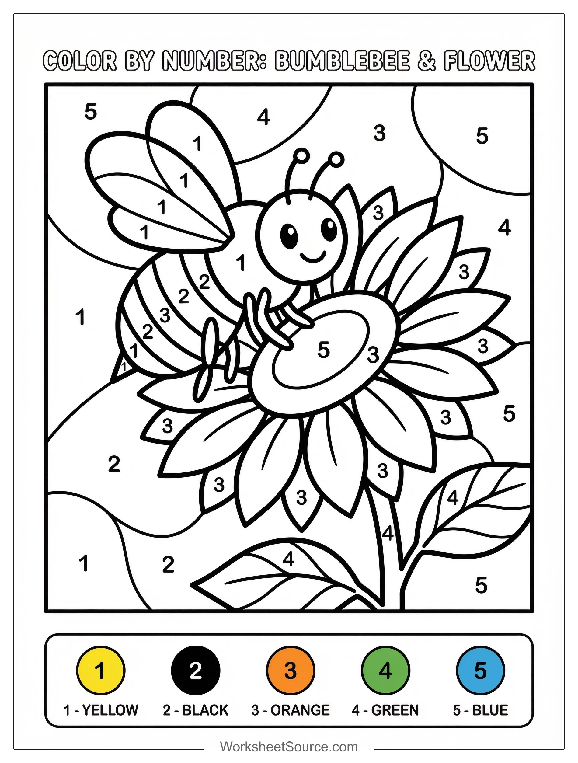 Simple color by number outline of a friendly bumblebee with distinct segments landing on a multi petaled flower, designed for young children.