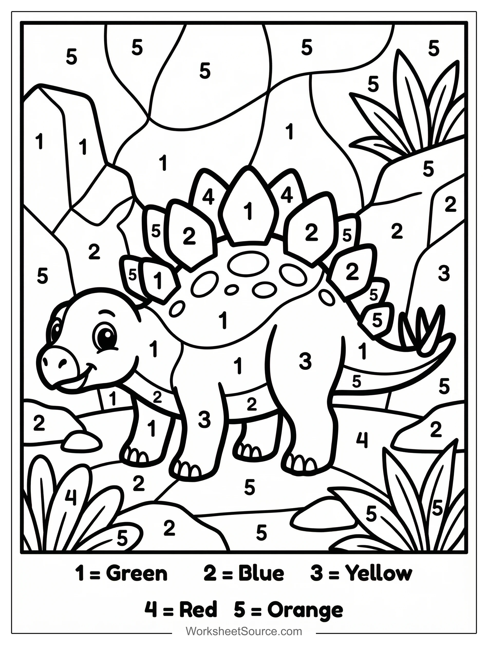 A cute stegosaurus dinosaur color by number page featuring a friendly stegosaurus with large, numbered plates on its back ready for coloring.