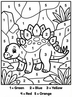 A cute stegosaurus dinosaur color by number page featuring a friendly stegosaurus with large, numbered plates on its back ready for coloring.