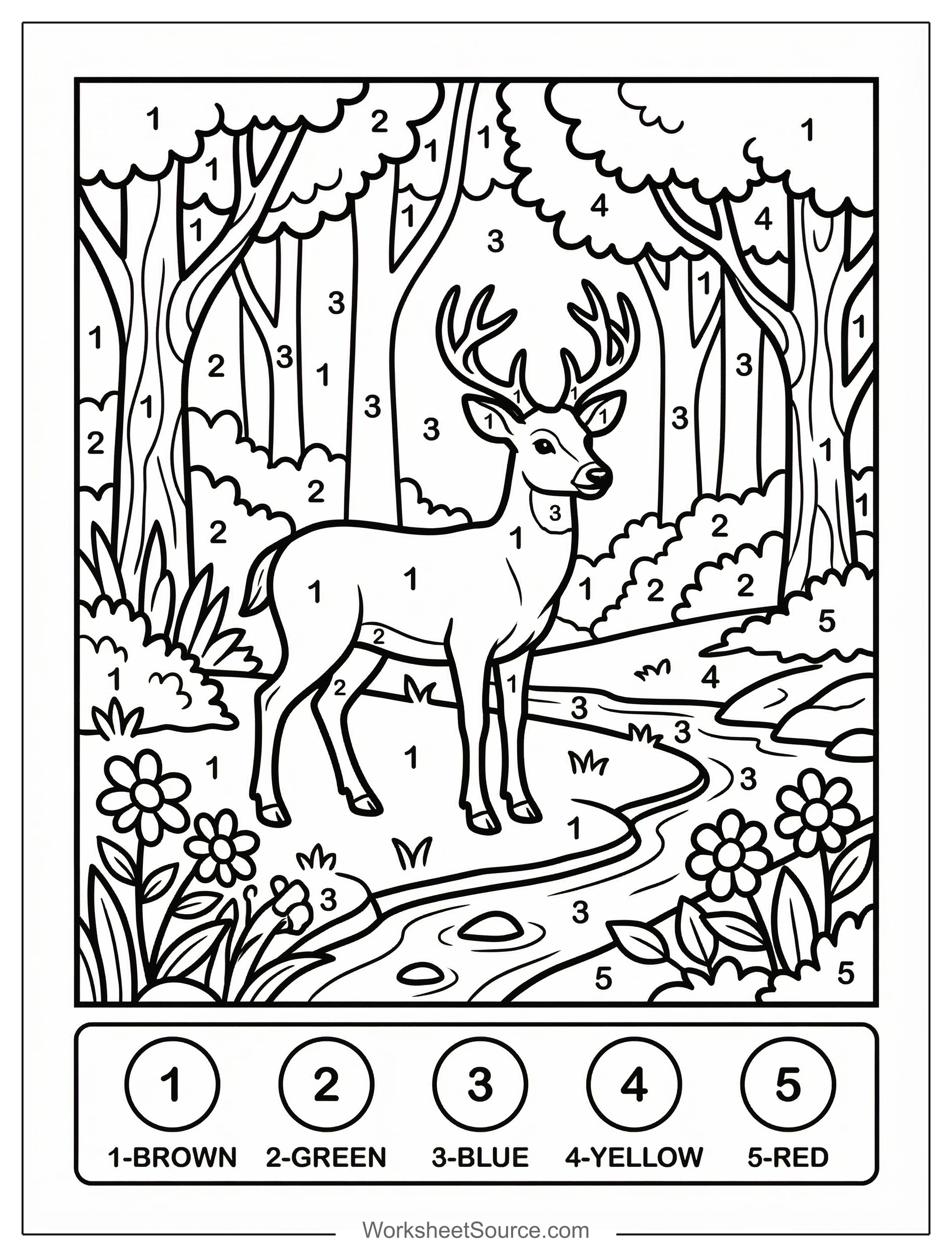 Color by number worksheet showing a graceful deer standing in a detailed forest clearing, surrounded by trees, mushrooms, and bushes, with numbers indicating colors.