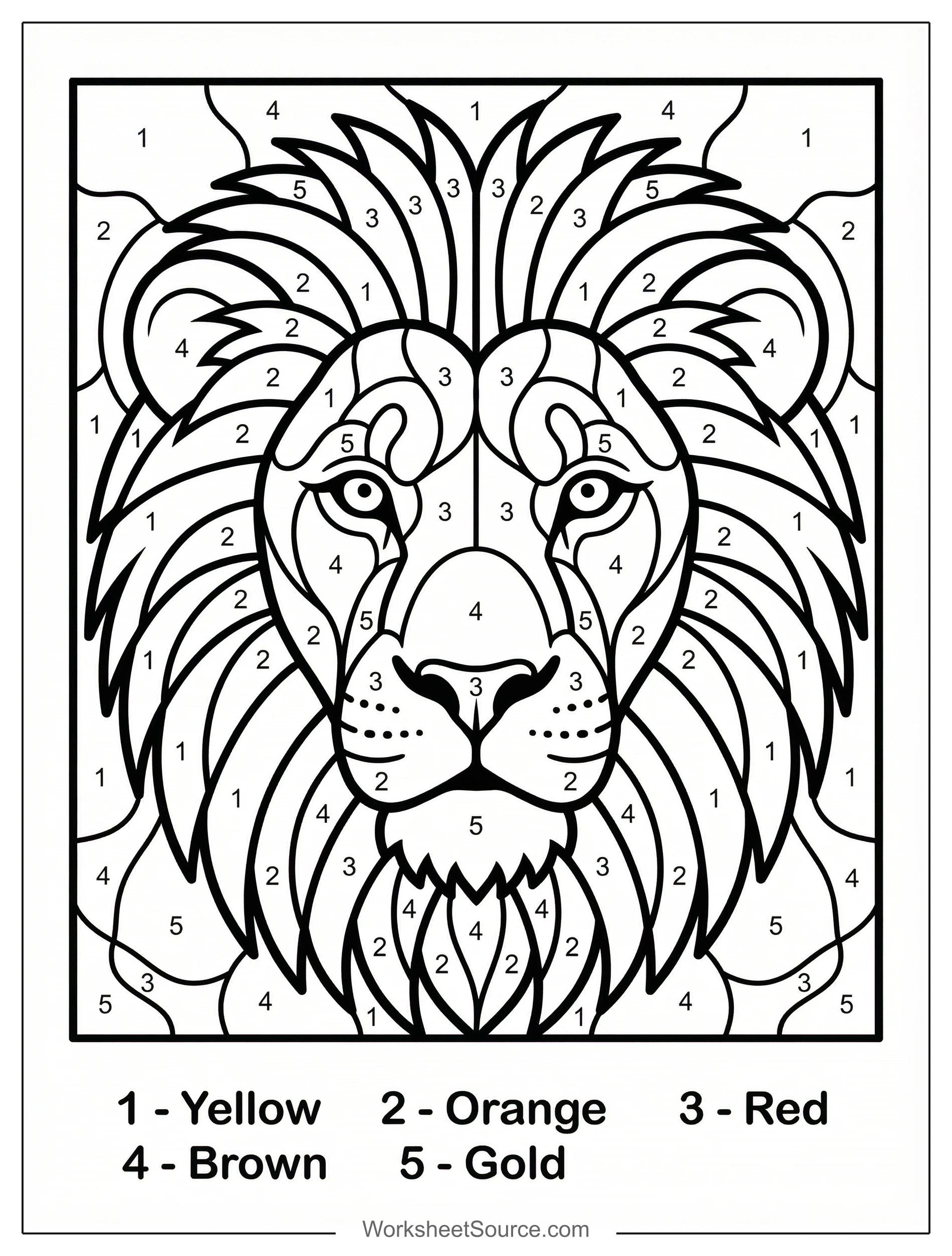 Detailed color by number featuring a majestic lion's face with intricate numbered segments and a clear color key for artistic engagement and learning.