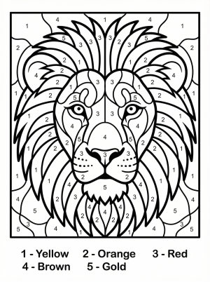 Detailed color by number featuring a majestic lion's face with intricate numbered segments and a clear color key for artistic engagement and learning.