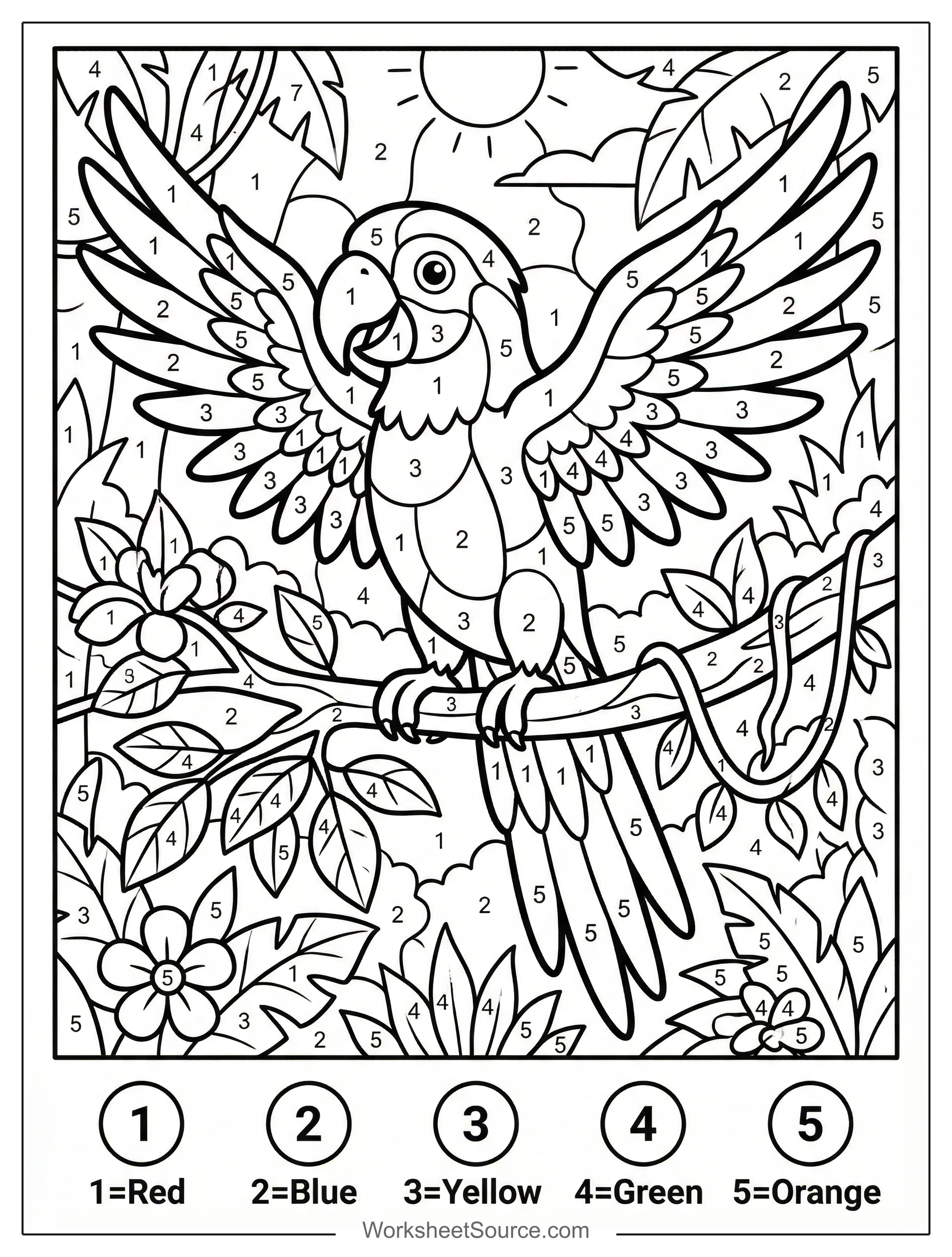 A vibrant parrot on a jungle branch color by number page with numerous numbered zones, ready for children to color and learn number recognition and fine motor skills.