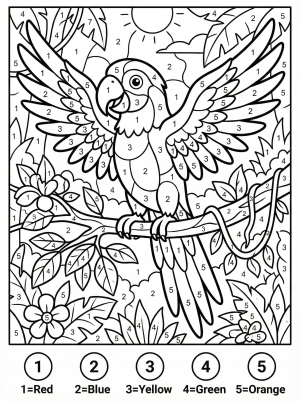 A vibrant parrot on a jungle branch color by number page with numerous numbered zones, ready for children to color and learn number recognition and fine motor skills.