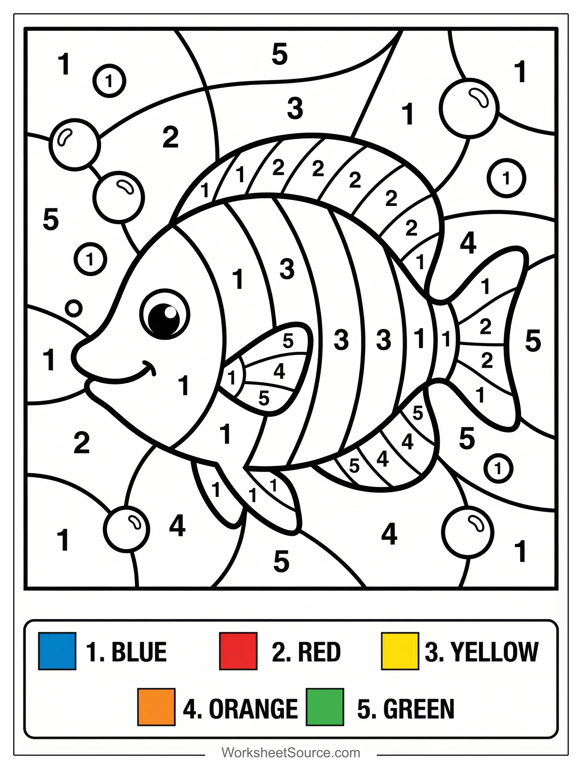 A simple color by number outline of a tropical fish swimming amongst bubbles, with numbers indicating specific colors for each section.