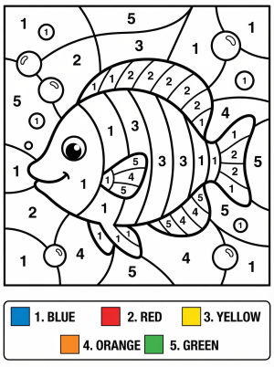 A simple color by number outline of a tropical fish swimming amongst bubbles, with numbers indicating specific colors for each section.