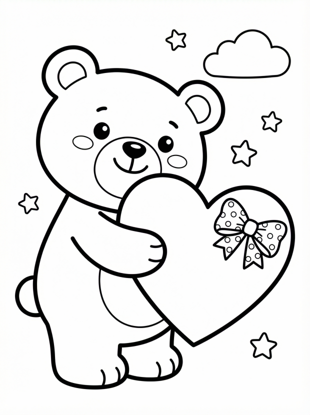 Free printable coloring page showing a kawaii bear holding a heart, perfect for kids to practice coloring and creativity