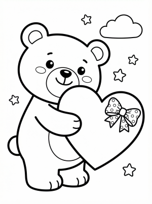 Free printable coloring page showing a kawaii bear holding a heart, perfect for kids to practice coloring and creativity