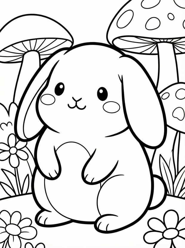 Free printable coloring page showing a cute kawaii bunny with flowers and mushrooms, perfect for kids to practice coloring and creativity
