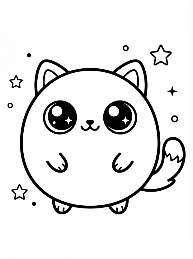 Free printable coloring page showing a round kawaii cat with big sparkly eyes and stars, perfect for kids to practice color choice and fine motor skills
