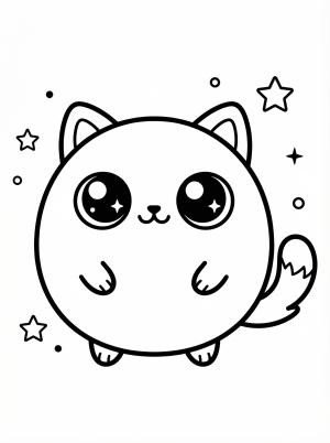 Free printable coloring page showing a round kawaii cat with big sparkly eyes and stars, perfect for kids to practice color choice and fine motor skills