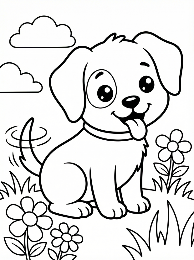Free printable coloring page showing a smiling kawaii dog sitting among flowers, perfect for kids to practice coloring and creativity