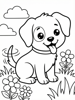 Free printable coloring page showing a smiling kawaii dog sitting among flowers, perfect for kids to practice coloring and creativity
