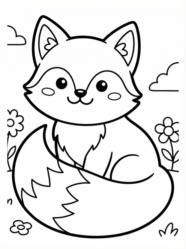 Free printable coloring page showing a cute kawaii fox sitting among flowers, perfect for kids to practice fine motor skills and creativity.