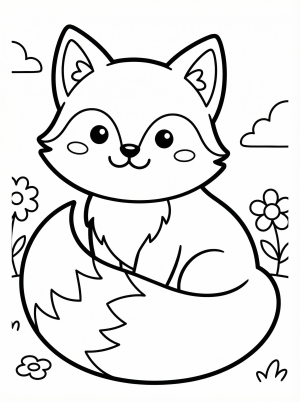 Free printable coloring page showing a cute kawaii fox sitting among flowers, perfect for kids to practice fine motor skills and creativity.