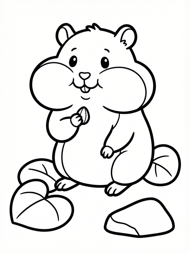 Free printable coloring page showing a kawaii hamster with cheeks full of food, perfect for kids to practice coloring and fine motor skills.