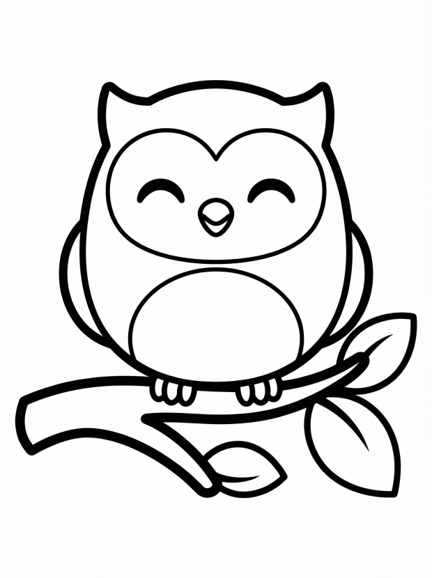 Free printable coloring page showing a smiling kawaii owl on a branch, perfect for kids to practice fine motor skills and creativity