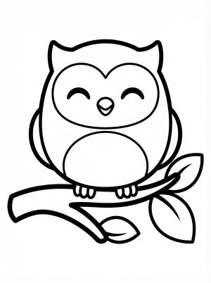 Free printable coloring page showing a smiling kawaii owl on a branch, perfect for kids to practice fine motor skills and creativity
