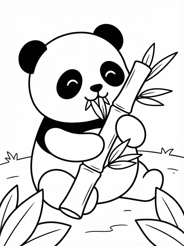 Free printable coloring page showing a kawaii panda holding bamboo, perfect for kids to practice coloring and fine motor skills