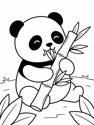Free printable coloring page showing a kawaii panda holding bamboo, perfect for kids to practice coloring and fine motor skills