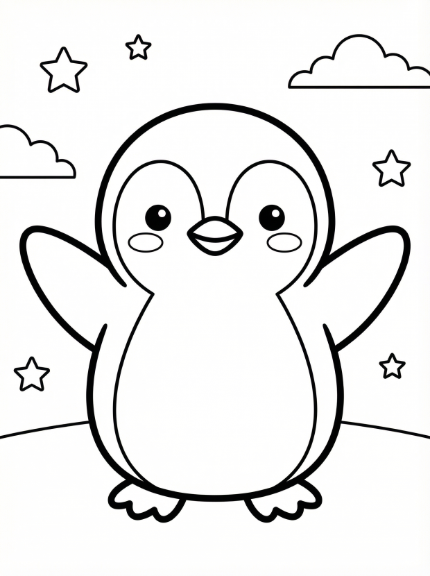 Free printable coloring page showing a kawaii penguin with stars and clouds, perfect for kids to practice coloring and creativity